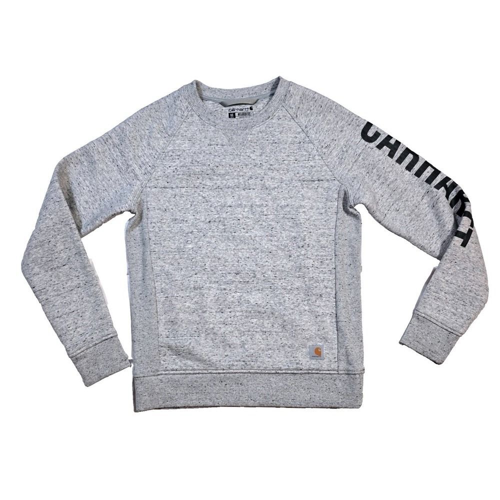 Carhartt Womens XS Clarksburg Fleece Gray Speckled Crewneck 104410 Sleeve Logo